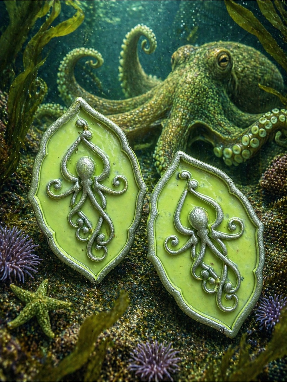 Octopus Handmade Polymer Clay Earrings - Lime Green
